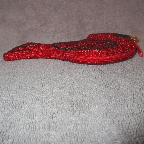 Vintage Red Cardinal Beaded Coin Purse Stash Pouch Lined Zipper Ornate Bird NEW - Picture 3 of 8